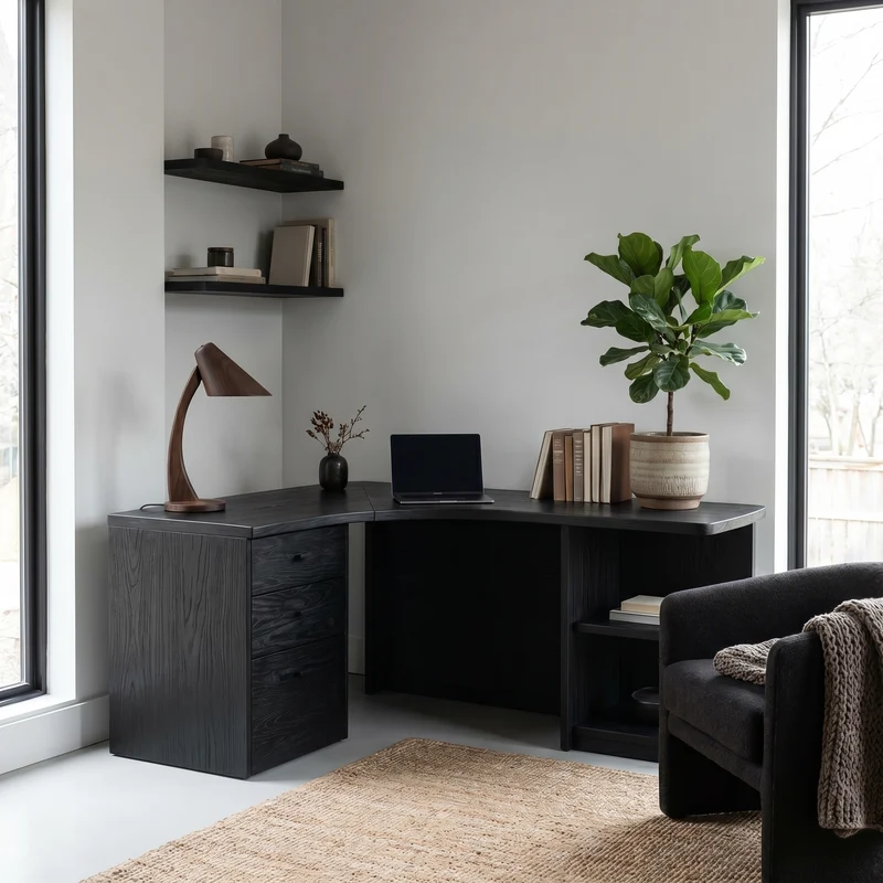 Spry Interior Modern Corner Desk with Storage Drawer & Open Shelves, Space-Saving Wooden Computer Laptop Table for Office - SINLHADK123
