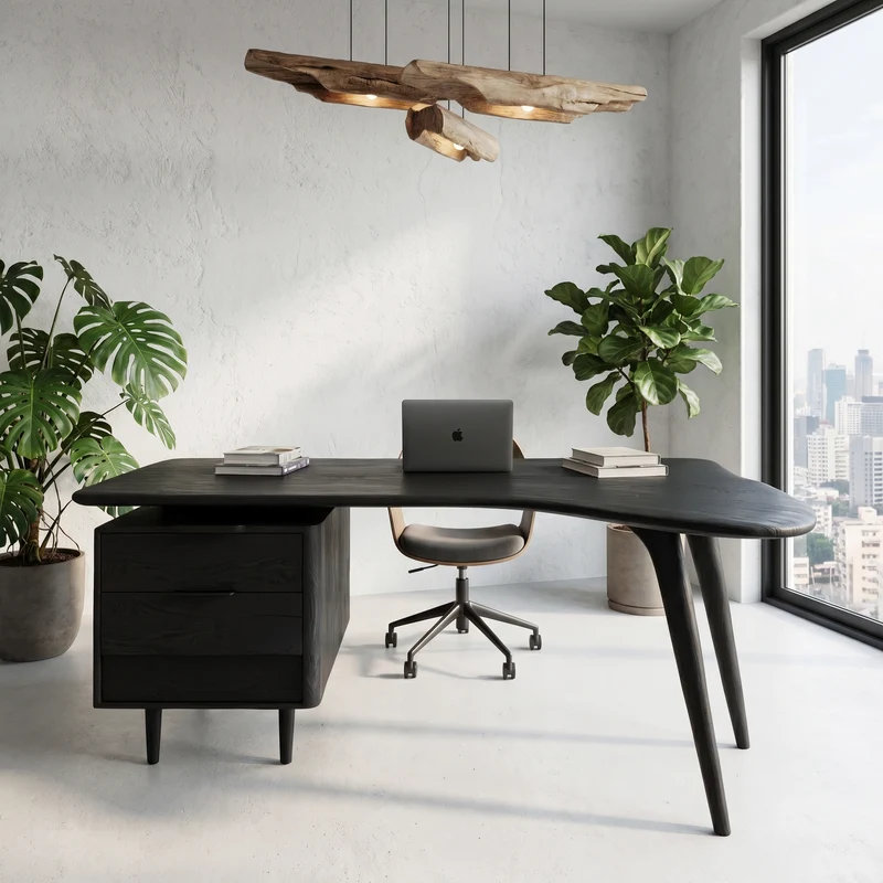 Spry Interior Organic Wooden Desk with Integrated Side Shelves & Storage Drawer, Solid Wood Writing Table for Home Office - SINLHADK122