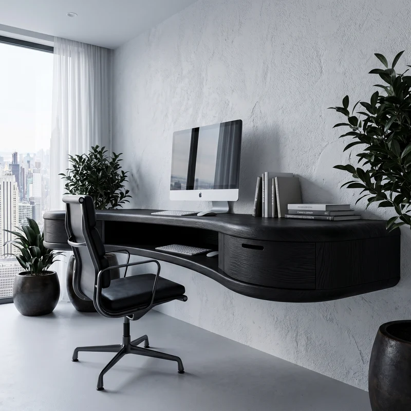 Spry Interior Modern Floating Desk with Storage Drawer, Curved Wood Wall Mounted Computer Writing Table for Home Office - SINLHADK121