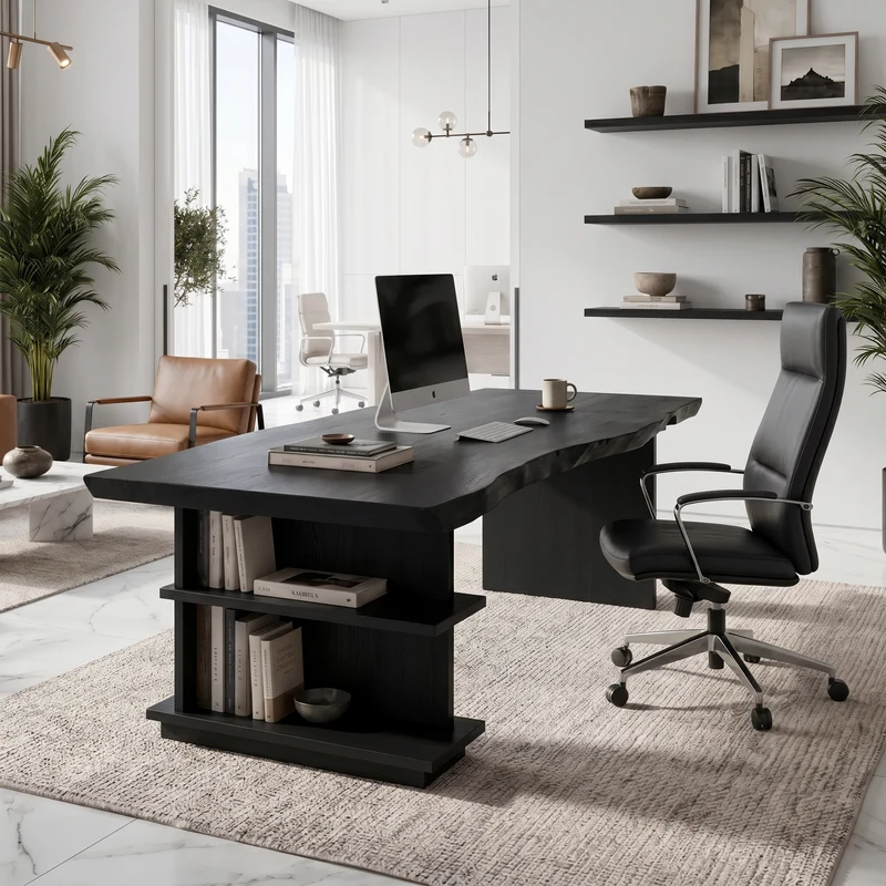 Spry Interior Rustic Executive Desk with Built-In Bookshelf, Solid Wood Large Office Writing Table, Computer Workstation - SINLHADK120