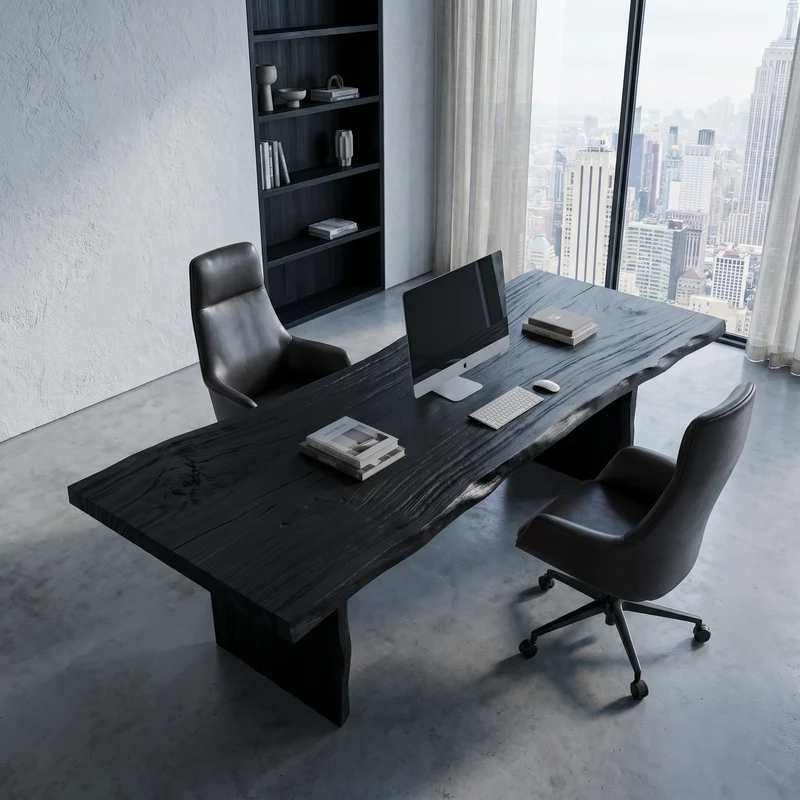 Spry Interior Rustic Live Edge Wooden Desk with Solid Wood Pedestal Base, Natural Edge Executive Office Computer Table - SINLHADK119