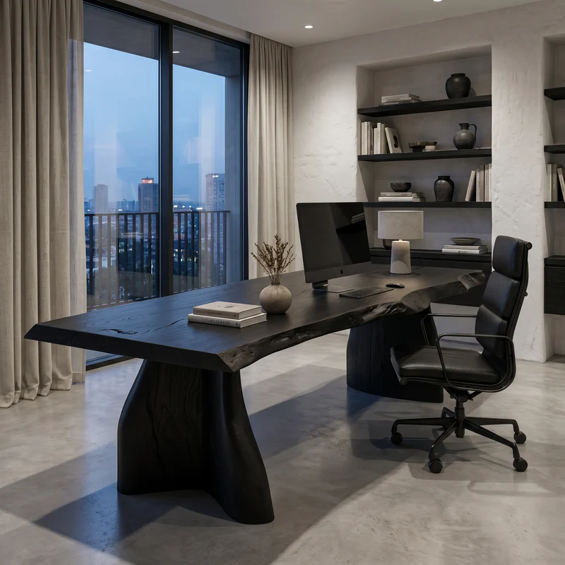 Rustic Live Edge Executive Desk With Sculptural Solid Wood Base For Home Office SINLHADK118
