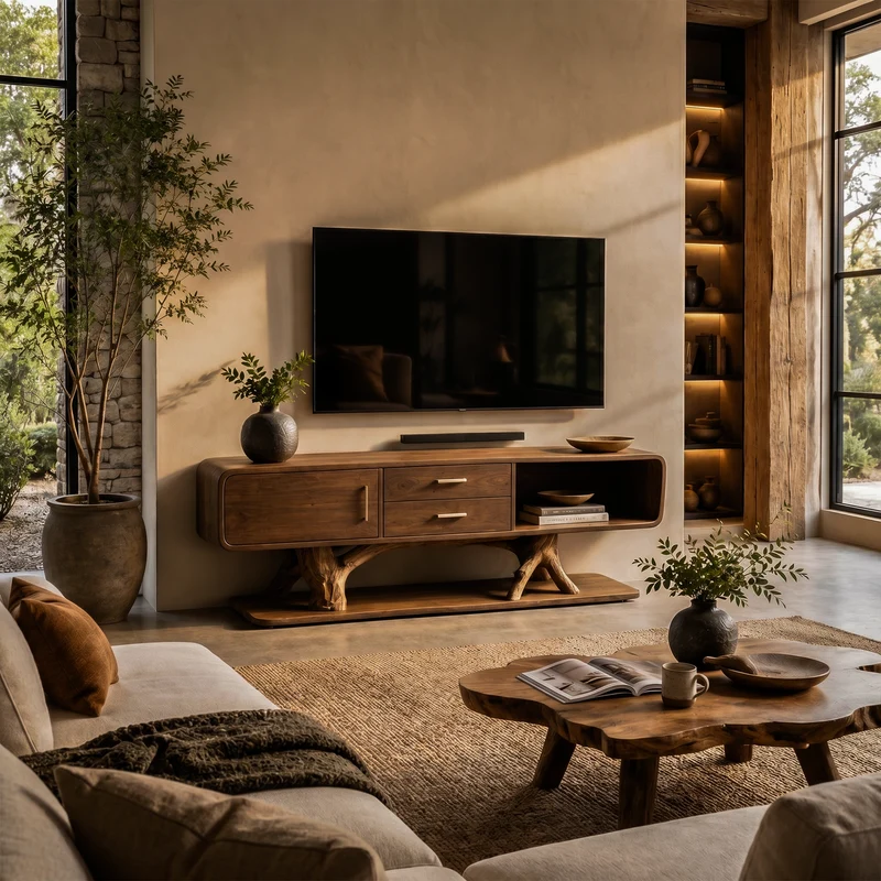 Spry Interior Modern Organic TV Cabinet with Storage Drawers, Solid Wood TV Stand & Media Entertainment Console for Living Room - SINLKITC046