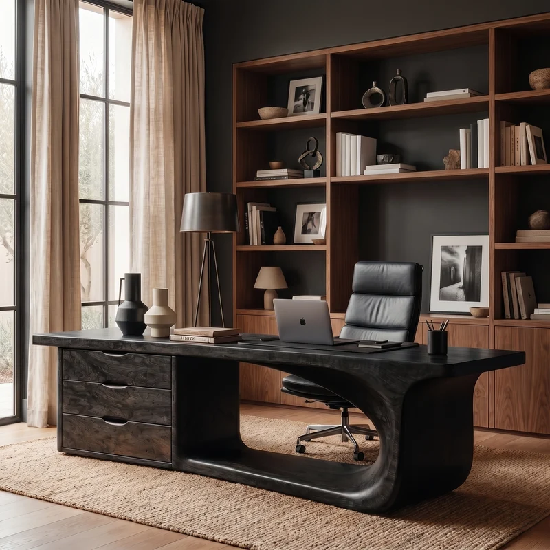 Spry Interior Rustic Executive Desk with Sculptural Solid Wood Base & Storage Drawers, Large Computer Writing Workstation - SINLKIDK117