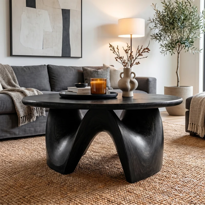 Spry Interior Rustic Coffee Table with Sculptural Solid Wood Base & Round Live Edge Wood Top, Natural Center Table for Living Room - SINLKICF381