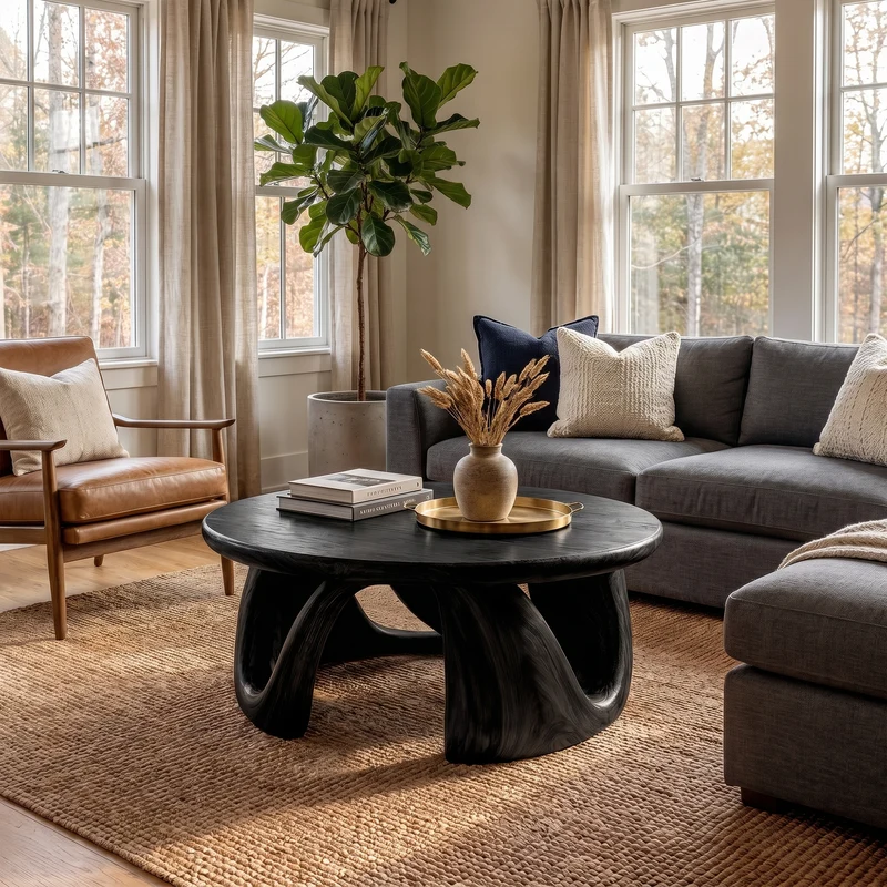 Spry Interior Organic Modern Coffee Table with Round Wood Top & Artistic Curved Base, Contemporary Living Room Center Table - SINLKICF379