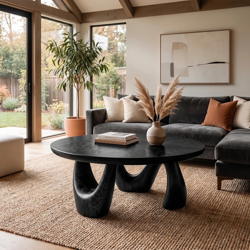 Spry Interior Organic Coffee Table with Freeform Live Edge Slab Top & Sculptural Loop Wood Base, Living Room Center Table - SINLKICF378