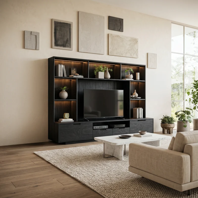 Spry Interior Modern TV Wall Unit with Backlight Shelves, Floating Wood Entertainment Center Media Console for Living Room, SITHTTTVC013