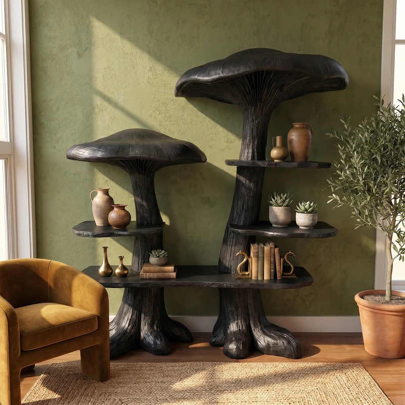 Spry Interior Nature-Inspired Mushroom Bookshelf, Solid Wood Open Display Shelving & Bookcase Storage Unit for Living Room, SINLKITB743
