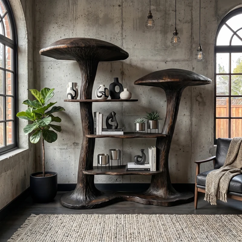 Spry Interior Organic Modern Mushroom Bookcase, Sculptural Solid Wood Shelving & Display Organizer for Living Room & Library, SINLKITB742