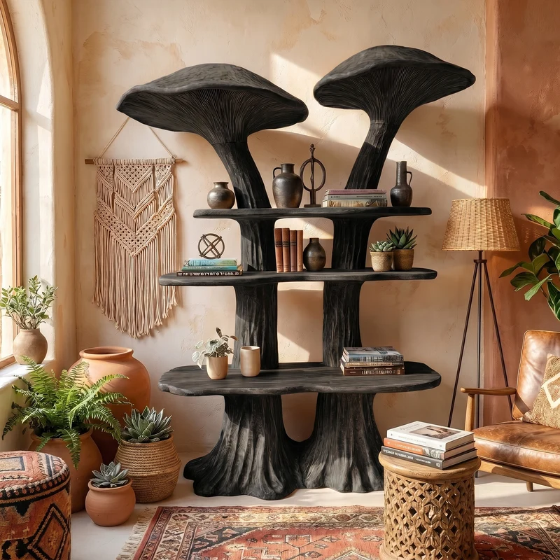 Spry Interior Rustic Mushroom Bookshelf with Handcrafted Solid Wood Shelving, Whimsical Bookcase Organizer for Living Room, SINLKITB741