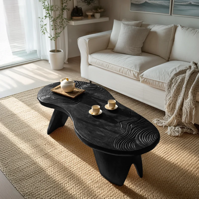 Spry Interior Farmhouse Abstract Coffee Table, Irregular Live Edge Solid Wood Center Table & Rustic Sofa Accent Console, SILDTTRCF081