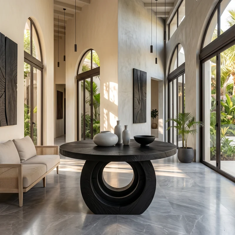 Spry Interior Contemporary Round Foyer Table, Sculptural Open Ring Solid Wood Entryway & Accent Table, SINLSAFT043