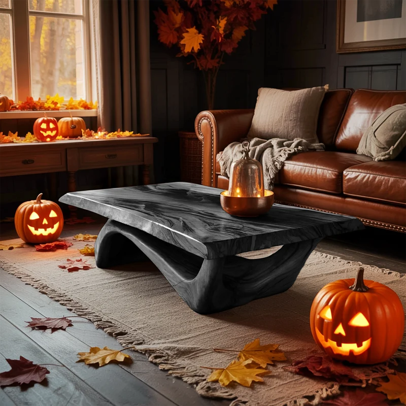 Spry Interior Modern Solid Wood Coffee Table, Spooky Haunted Style Live Edge Wooden Table Top for Halloween Living Room Decor, SILDTTNHCF033