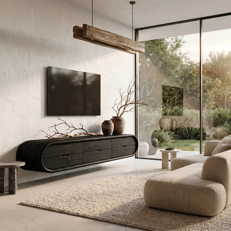 Spry Interior Organic Floating TV Cabinet, Sculptural Curved Solid Wood Wall Mounted Media Console Shelf for Living Room, SINLHATC052