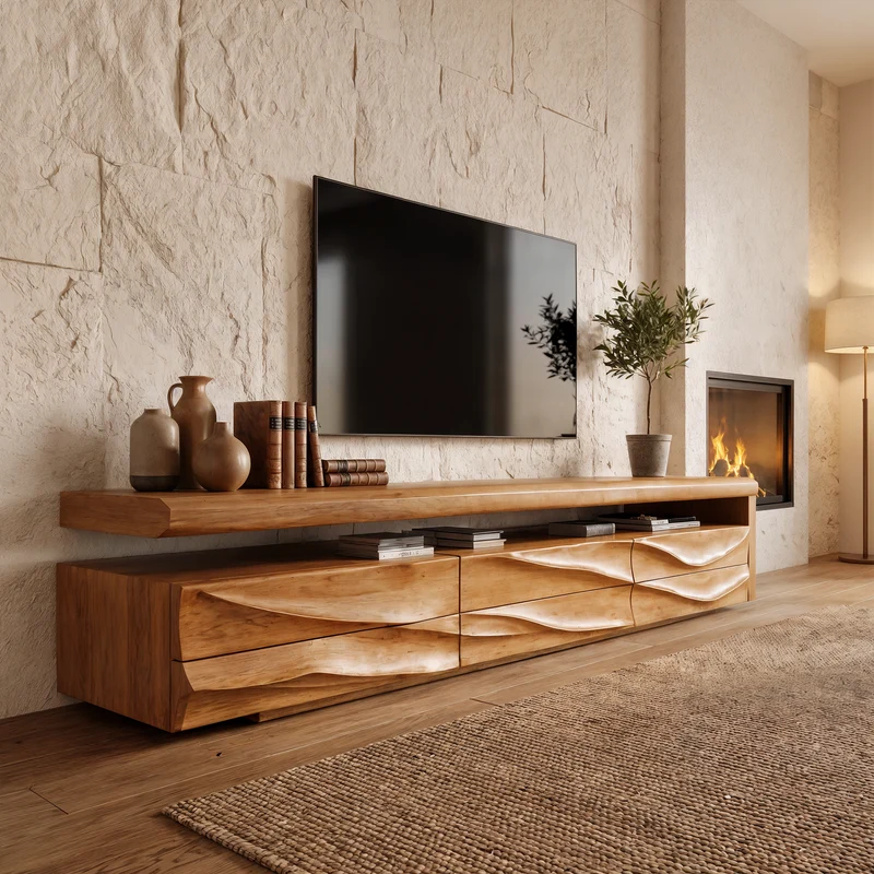 Spry Interior Organic Modern TV Cabinet Console, Handcrafted Curved Solid Wood Media Storage Credenza for Luxury Living Room, SINLKITC050