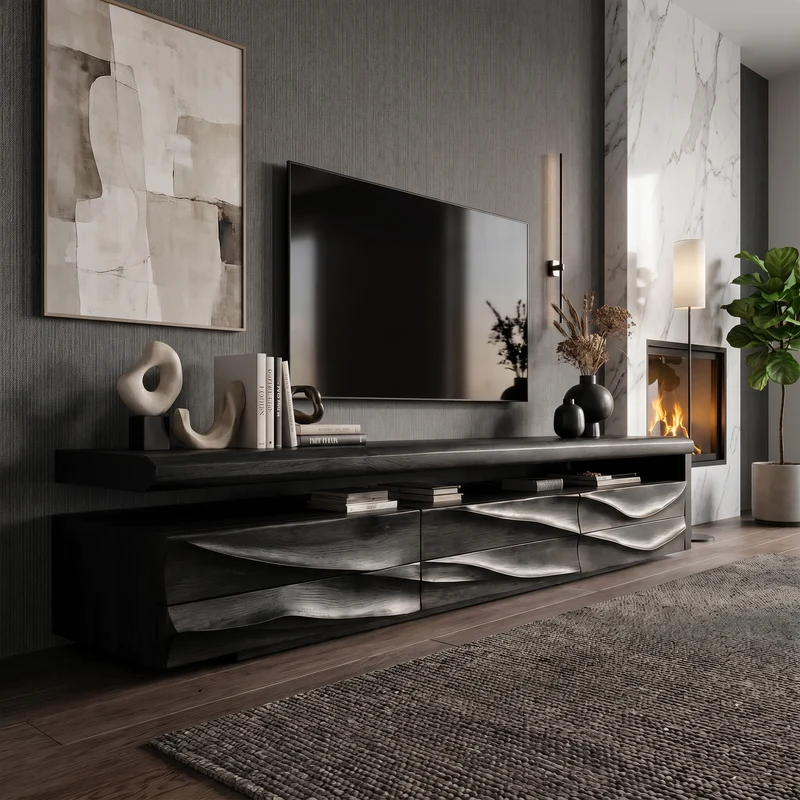 Spry Interior Organic Modern TV Cabinet Console, Handcrafted Curved Solid Wood Media Storage Credenza for Luxury Living Room, SINLKITC050