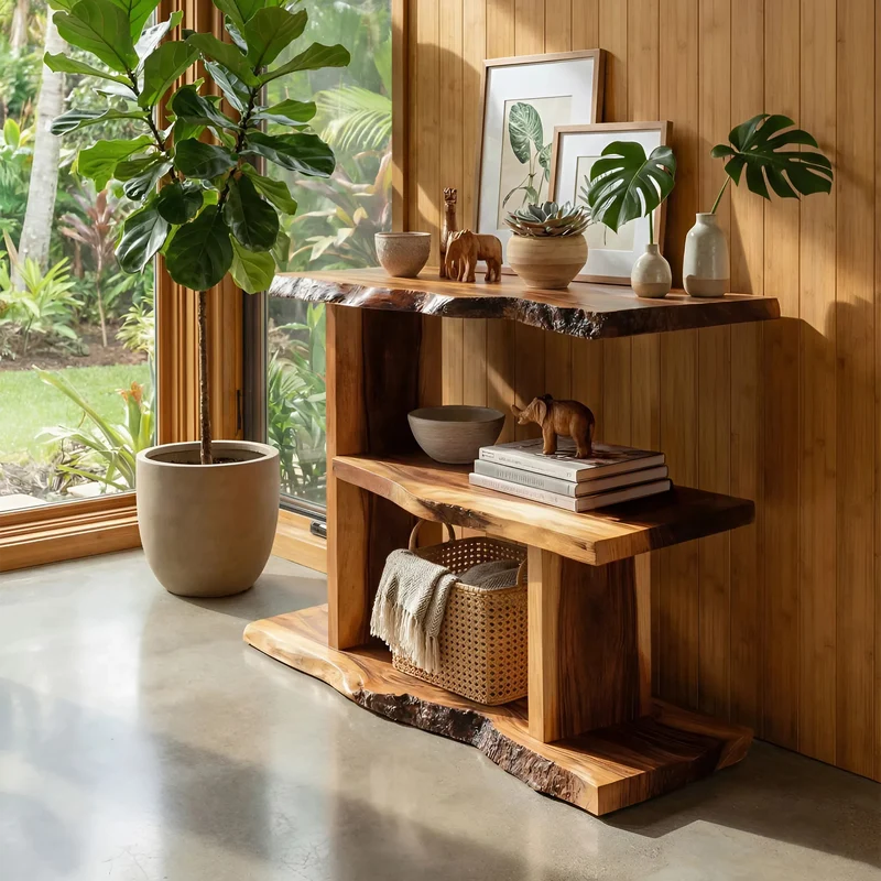 Spry Interior Artistic Live Edge Wooden Standing Shelf, Handcrafted Tall Multi-Tier Storage Rack Organizer for Foyer Entryway, SILDTTNFGS008