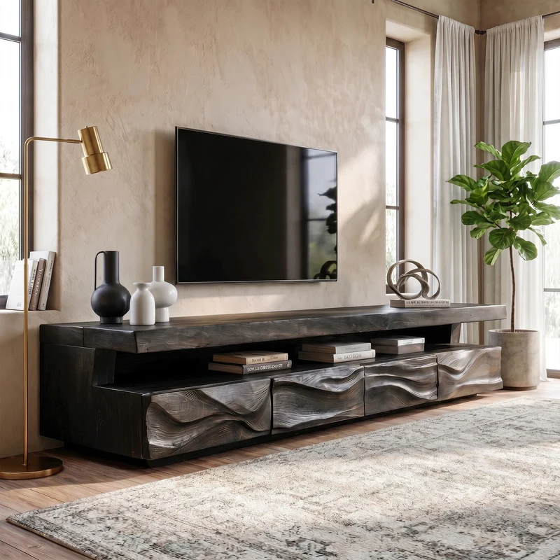 Spry Interior Modern Solid Wood TV Stand, Hand-Carved Textured Front Console Media Storage Cabinet for Living Room, SINLKITC049
