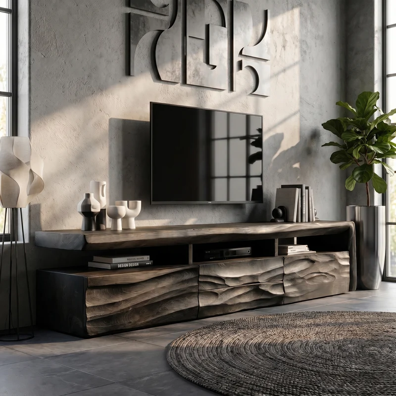 Spry Interior Organic TV Cabinet, Hand-Carved Textured Front Solid Wood Media Storage Console with Open Shelves for Living Room, SINLKITC048