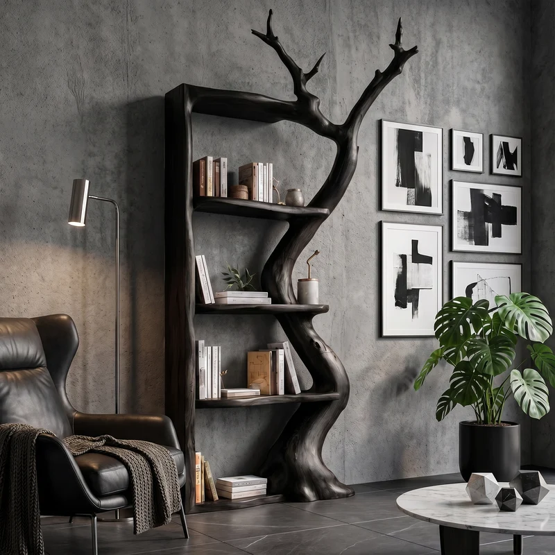 Spry Interior Sculptural Tree Bookshelf, Artistic Flowing Branch Shaped Solid Wood Open Display Shelves for Living Room Office, SINLKITB738