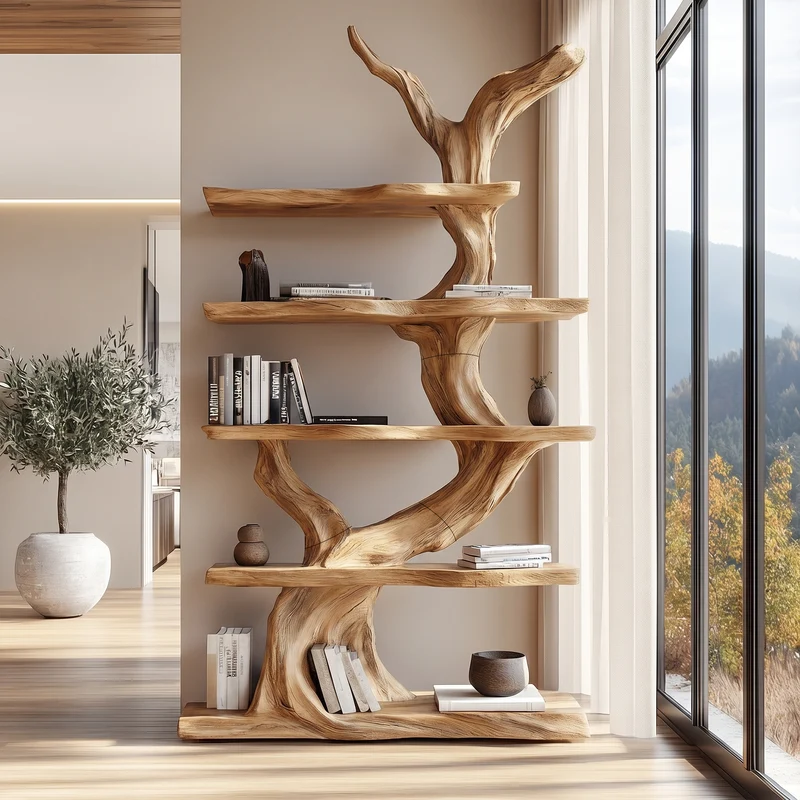 Spry Interior Organic Tree Bookshelf, Sculptural Wooden Branch Design Multi-Tier Open Display Shelves for Modern Living Room, SINLKITB737