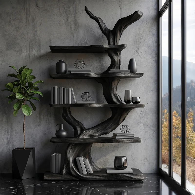 Spry Interior Organic Tree Bookshelf, Sculptural Wooden Branch Design Multi-Tier Open Display Shelves for Modern Living Room, SINLKITB737