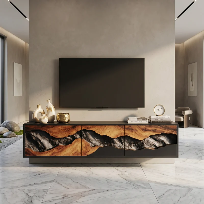 Spry Interior Handcrafted Wooden TV Console Cabinet, Mid Century Solid Wood Entertainment Media Stand for Cozy Living Room, SILDTTNTVC036