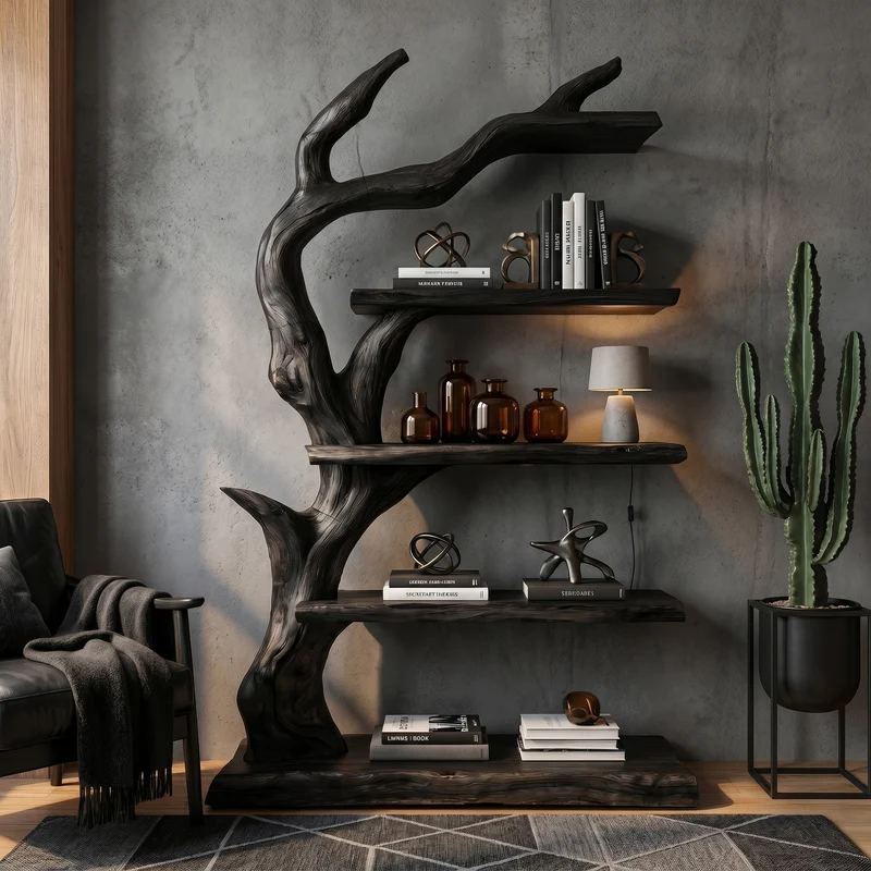 Rustic Tree Bookshelf With Handcrafted Branch Design And Open Display Shelves For Living Room SINLKITB736