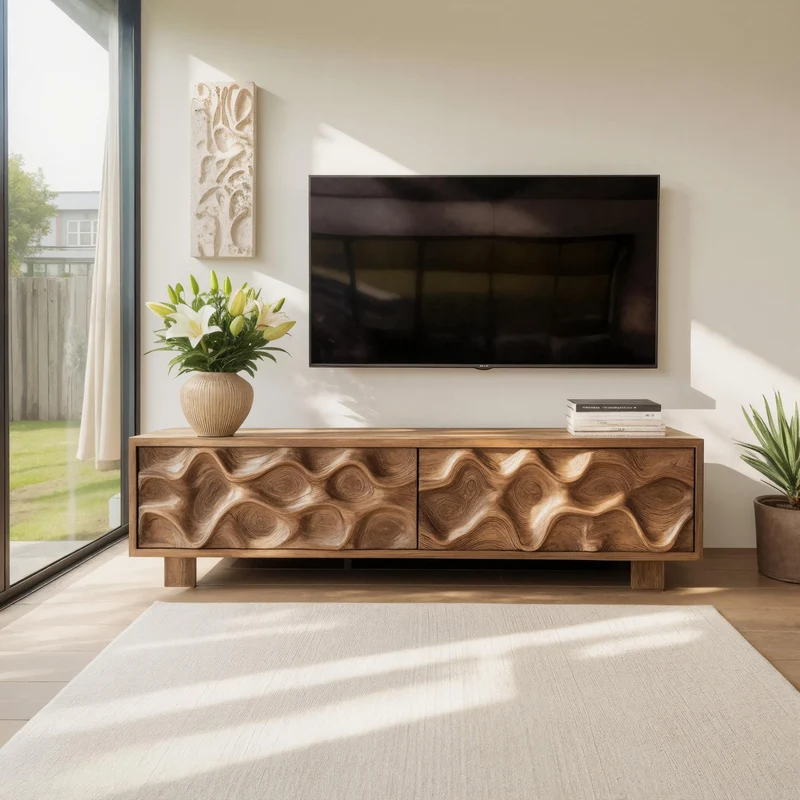 Spry Interior Hand-Carved TV Stand, Artistic Wave Design Solid Wood Media Entertainment Console Table for Modern Living Room, SITHHNTVC005
