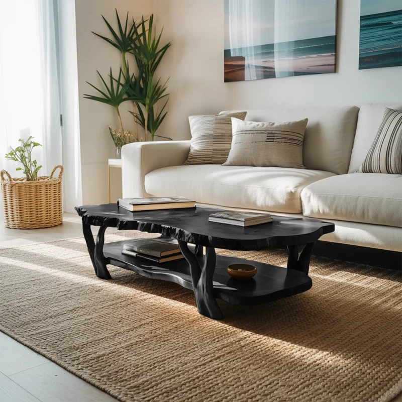 Spry Interior Contemporary Live Edge Coffee Table, Handcrafted Double Deck Two-Tier Solid Wood Accent Center Table for Living, RTTHTTCF035