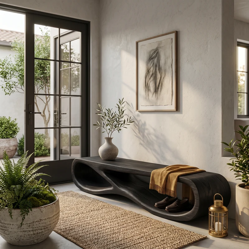 Spry Interior Organic Wooden Bench, Sculptural Curved Solid Wood Base Bench Seat for Entryway Hallway & Living Room Accent, RTTHTTCHR096