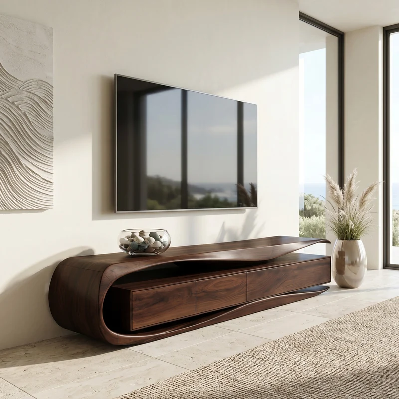 Spry Interior Modern Organic TV Console Table, Handcrafted Solid Wood Media Center Cabinet Sideboard Credenza for Living Room, SITHHNTVC034