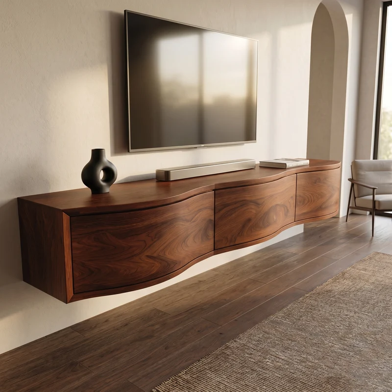 Spry Interior Modern Floating TV Stand Console, Handcrafted Wall Mounted Wooden Media Entertainment Shelf for Home Decor, SITHHNCM002