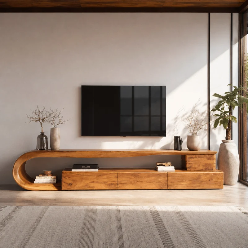 Spry Interior Modern Curved Wooden TV Console Cabinet, Handcrafted Solid Wood Media Storage Credenza with Drawer for Living Room, SITHHNTVC025