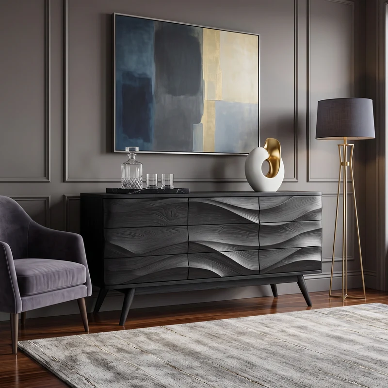 Spry Interior Modern Wavy Sideboard, Handcrafted Curved Solid Wood Credenza Cabinet & Buffet Console for Living Room & Dining, SITHHNSIB008