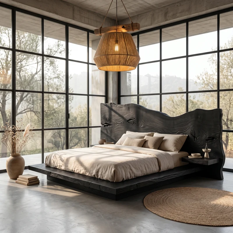 Spry Interior Modern Solid Wood Bed Frame, Handcrafted Floating Platform Bed Frame with Headboard, Bedroom Furniture King Queen Size, SINLSAWB134