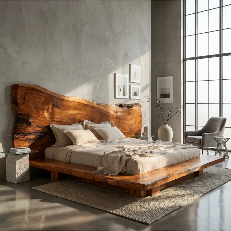 Spry Interior Japandi Bed Frame, Handcrafted Solid Wood Platform Bed Frame with Minimalist Headboard, King Queen Bedroom Furniture, SINLSAWB133
