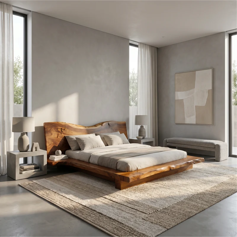 Spry Interior Contemporary Platform Bed Frame, Handcrafted Solid Wood Headboard Platform Bed, King Queen Bedroom Furniture Bedframe, SINLSAWB132