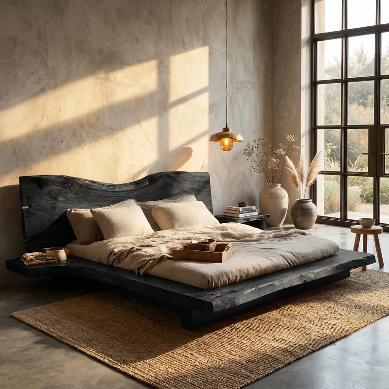 Spry Interior Contemporary Platform Bed Frame, Handcrafted Solid Wood Headboard Platform Bed, King Queen Bedroom Furniture Bedframe, SINLSAWB132
