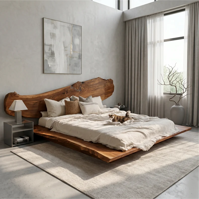 Spry Interior Luxury Organic Bed Frame, Sculptural Solid Wood Headboard Floating Platform Bed, King Queen Size Bedroom Furniture Frame, SINLSAWB131