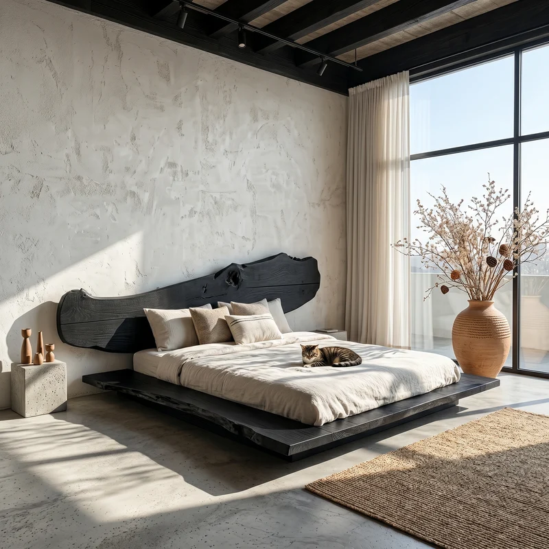 Spry Interior Luxury Organic Bed Frame, Sculptural Solid Wood Headboard Floating Platform Bed, King Queen Size Bedroom Furniture Frame, SINLSAWB131