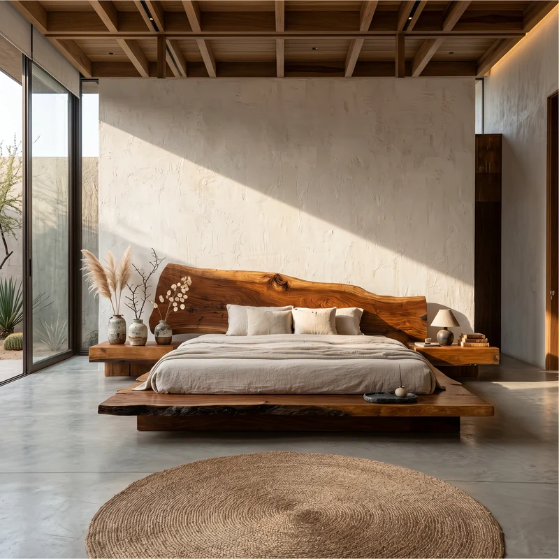 Organic Sculptural Bed Frame With Handcrafted Solid Wood Headboard And Floating Platform Design For Bedroom SINLSAWB127
