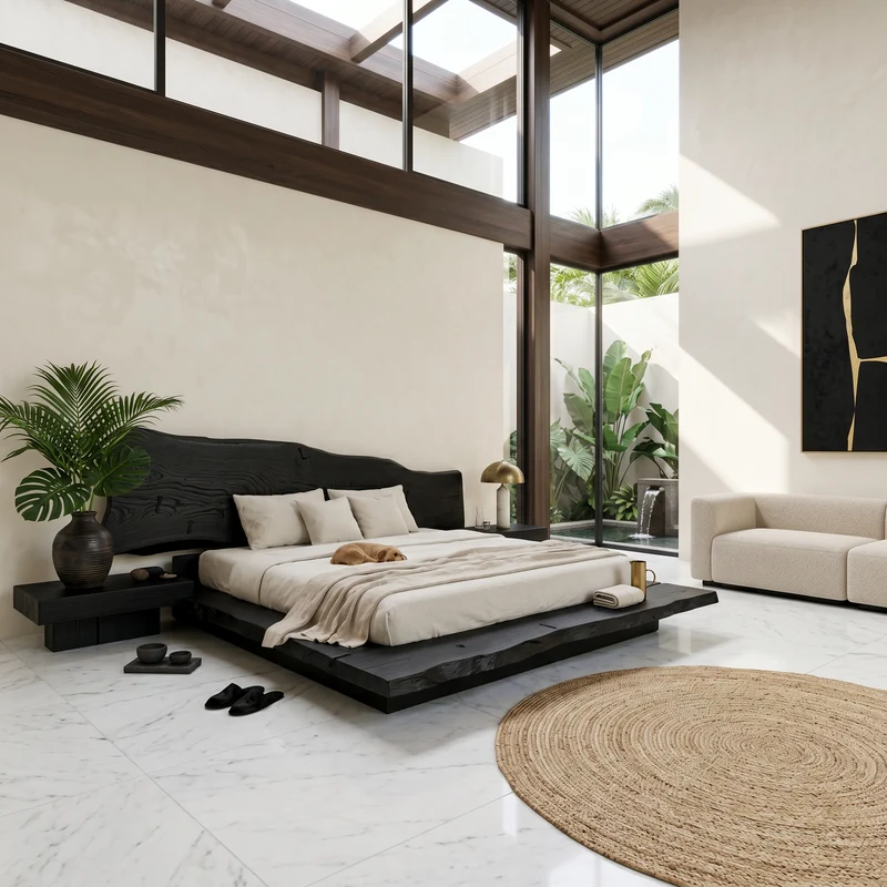 Organic Sculptural Bed Frame With Handcrafted Solid Wood Headboard And Floating Platform Design For Bedroom SINLSAWB127