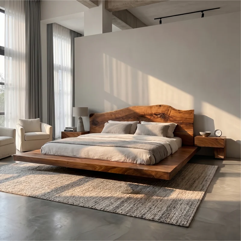 Spry Interior Modern Platform Bed Frame, Low Profile Solid Wood Slats Bed with Headboard for Bedroom Furniture, SINLSAWB126