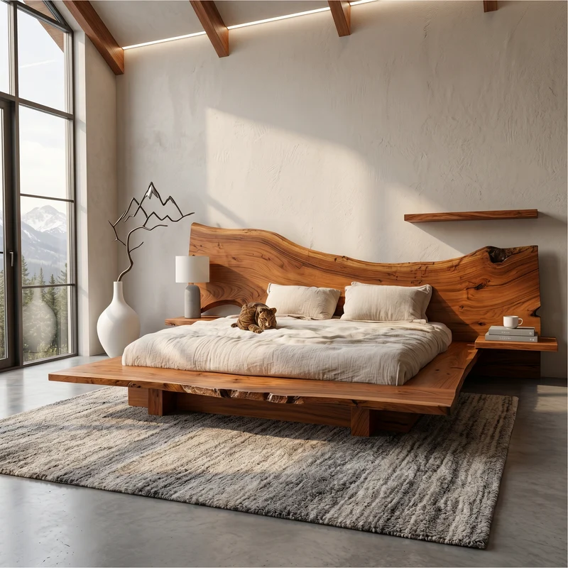 Spry Interior Minimalist Bed Frame with Organic Live Edge Solid Wood Headboard, Floating Wooden Platform Bed, SINLSAWB125