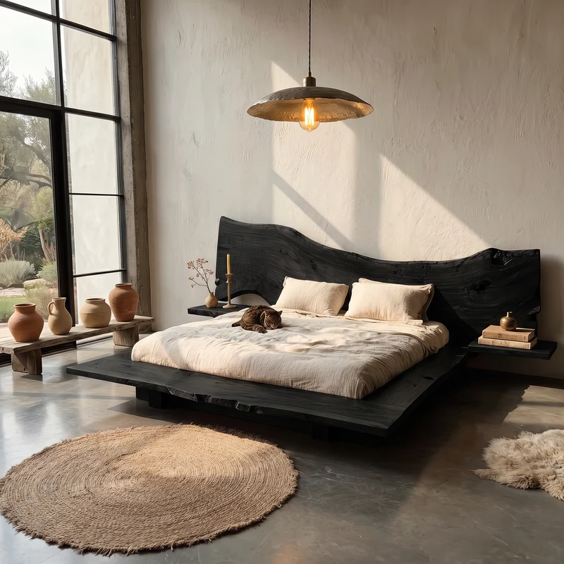 Spry Interior Minimalist Bed Frame with Organic Live Edge Solid Wood Headboard, Floating Wooden Platform Bed, SINLSAWB125