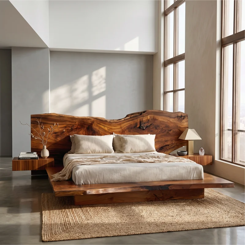 Spry Interior Rustic Live Edge Bed Frame with Handcrafted Sculptural Headboard, Solid Wood Platform Bed for Bedroom, SINLSAWB124