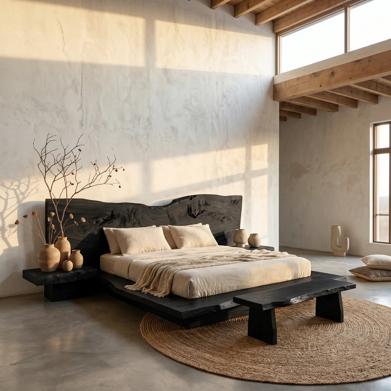 Spry Interior Rustic Live Edge Bed Frame with Handcrafted Sculptural Headboard, Solid Wood Platform Bed for Bedroom, SINLSAWB124