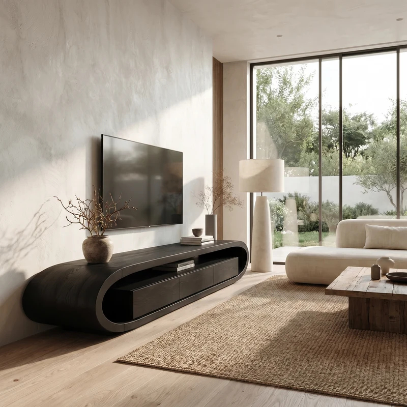 Spry Interior Organic TV Cabinet, Curved Solid Wood Media Console Table with Built-in Drawer Storage for Living Room, SINLHATC047